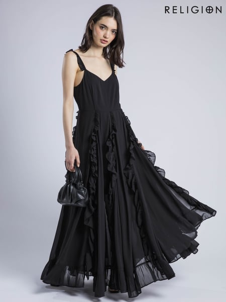 Religion Black 100% Cotton Kate Maxi Ruffle Dress With Spaghetti Straps (W58690) | € 172