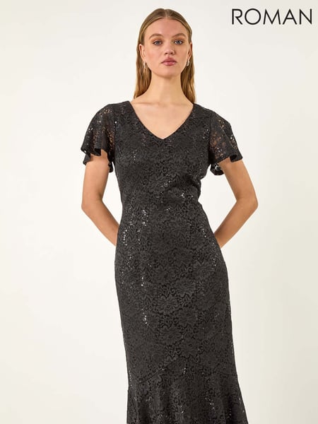 Roman Black Sequin Lace Ruffle Stretch Midi Dress (W59432) | € 109