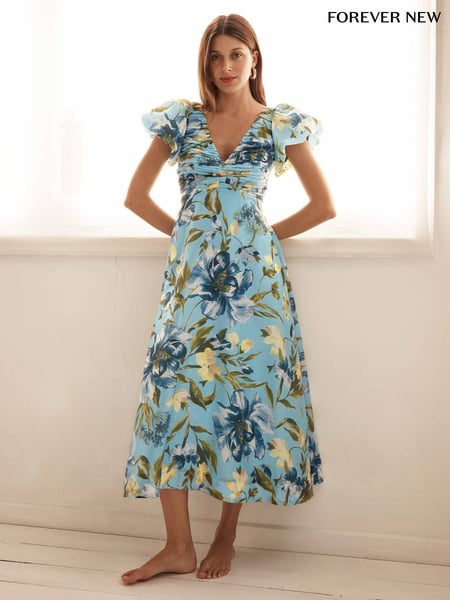 Forever New Blue June Ruched V-Neck Midi Dress with A Touch Of Linen (W60929) | € 172