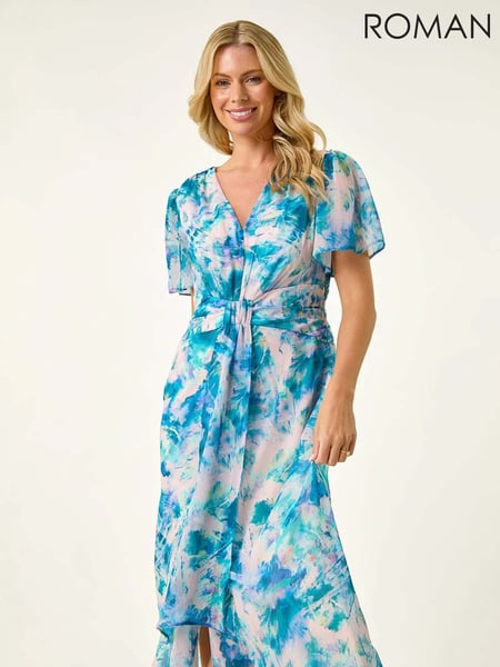 Roman Blue Petite Abstract Print Ruched Midi Dress (W63197) | € 101
