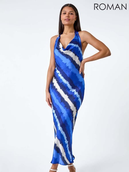 Roman Blue Stripe Satin Bias Cut Bodycon Dress (W65965) | € 90