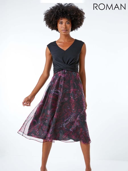 Roman Pink Twist Front Butterfly Print Stretch Dress (W65985) | € 106