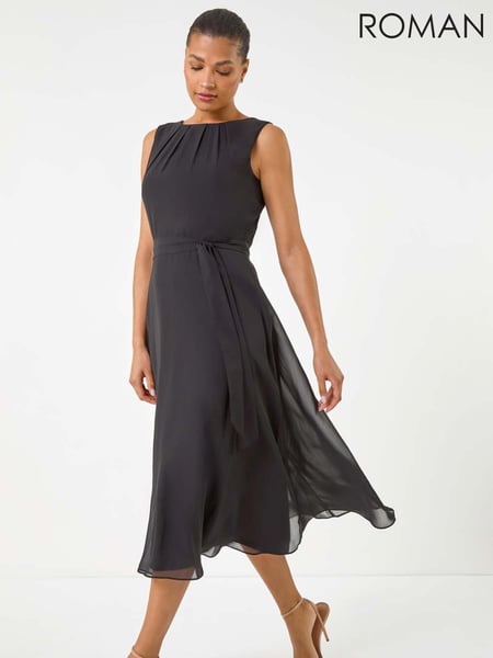 Roman Black Chiffon Pleat Neck Midi Dress (W67376) | € 78