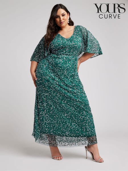Yours Curve Green Luxe Embellished V-Neck Angel Sleeve Maxi Dress (W69791) | € 211