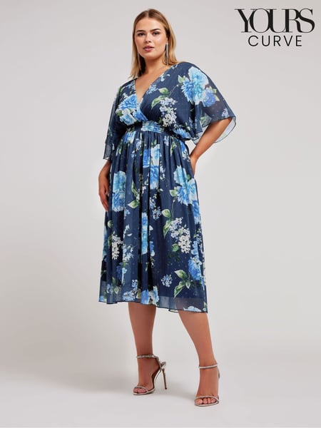 Yours Curve Blue Metallic Shirred Waist Wrap Dress (W89862) | € 54