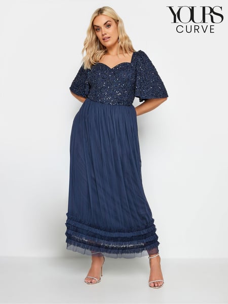 Yours Curve Blue Luxe Sequin Ruffle Hem Maxi Dress (W96348) | € 74