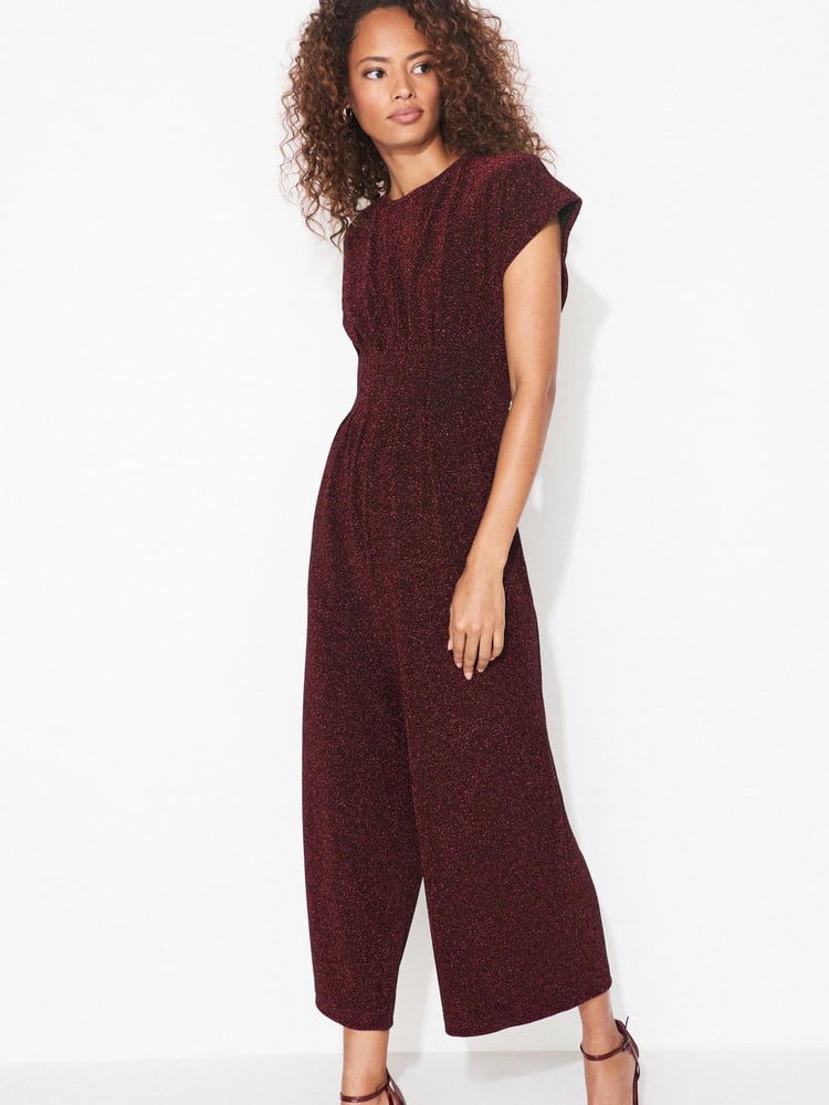 Metallic Red Short Sleeve Sparkle Wide Leg Jumpsuit - Image 1 of 5