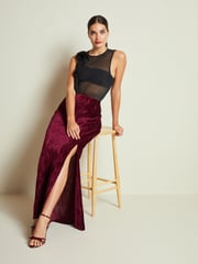 Berry Red Column Velvet Slit Midi Skirt - Image 1 of 5