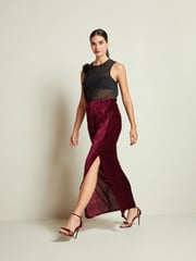 Berry Red Column Velvet Slit Midi Skirt - Image 2 of 5