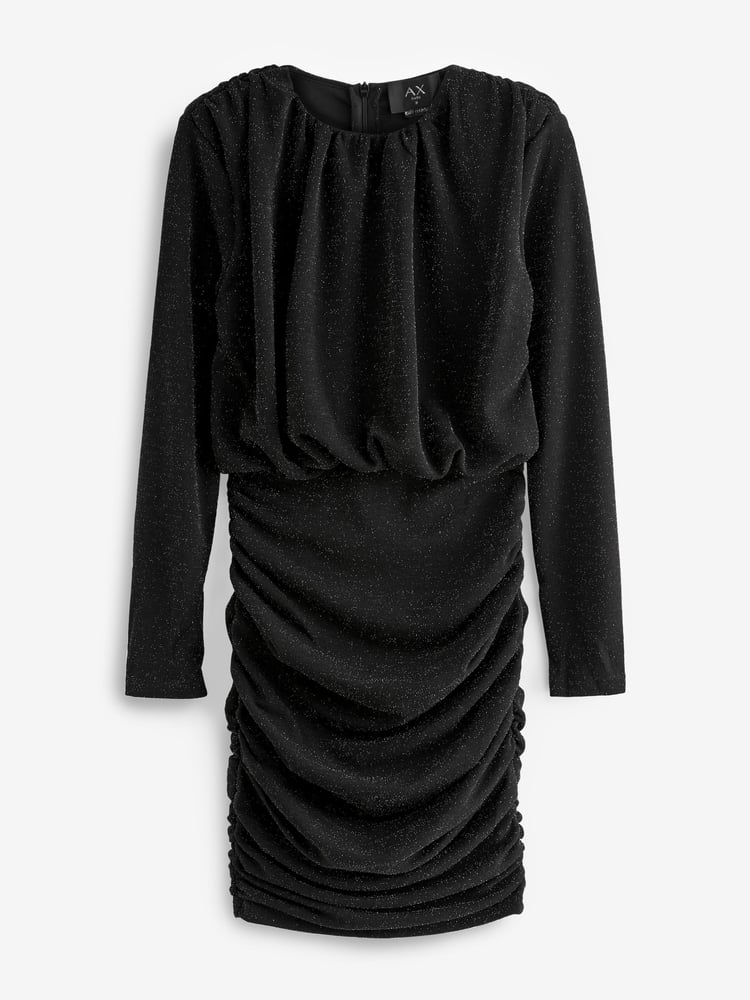 AX Paris Sparkly Long Sleeve Ruched Mini Black Dress - Image 4 of 4