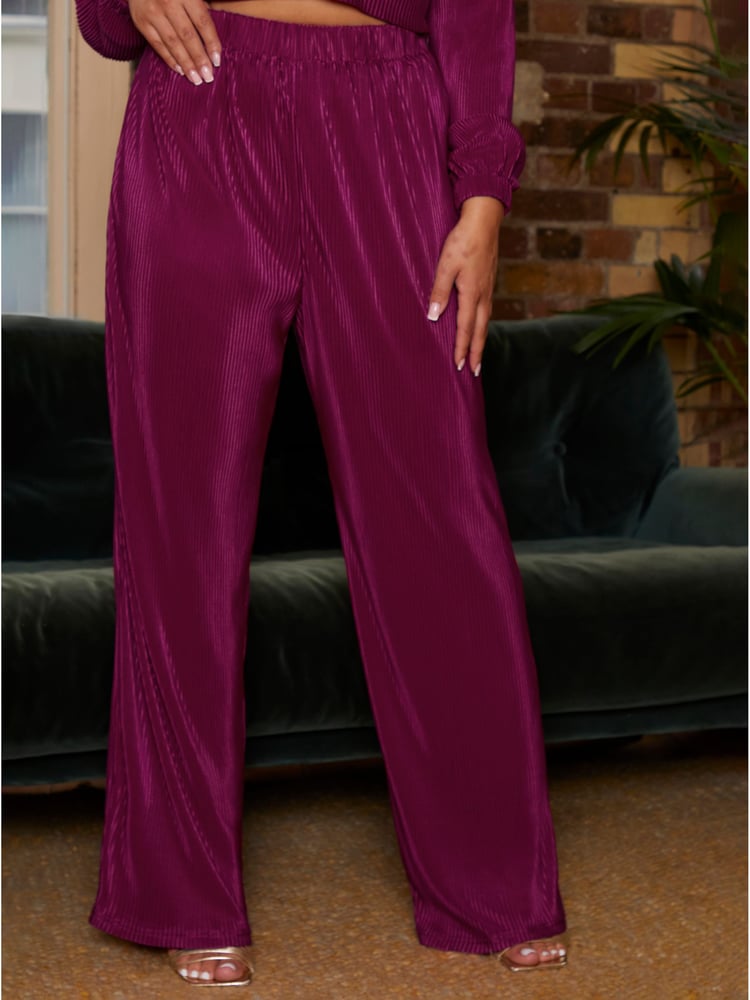 Chi Chi London Burgundy Red Elasticated Waist Wide Leg Plisse Trousers - Image 1 of 4