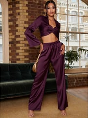 Chi Chi London Purple Elasticated Waist Wide Leg Plisse Trousers - Image 1 of 4