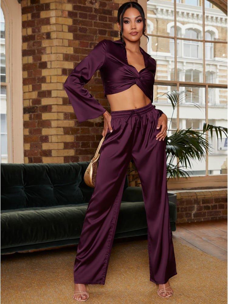 Chi Chi London Purple Elasticated Waist Wide Leg Plisse Trousers - Image 1 of 4