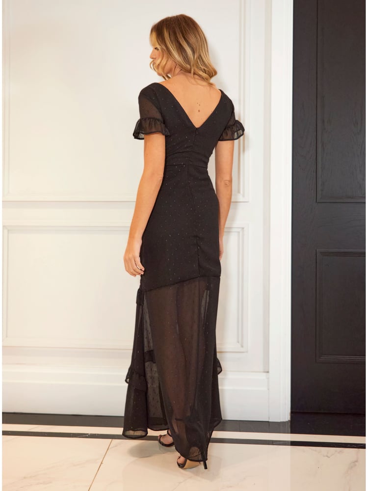Sistaglam Black Chiffon Dobby Metallic Ruffle Dress With Front Split - Image 2 of 4