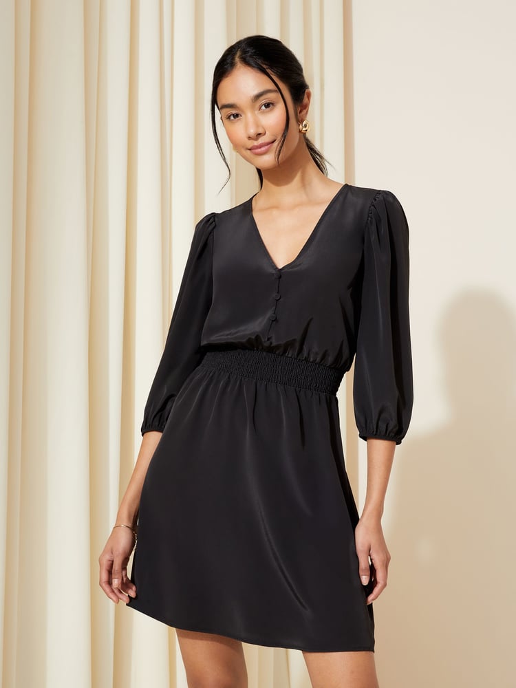 Friends Like These Black Shirred Waist 3/4 Sleeve Mini Dress - Image 1 of 4