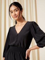 Friends Like These Black Shirred Waist 3/4 Sleeve Mini Dress - Image 4 of 4