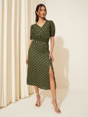 Friends Like These Khaki Green Puff Sleeve Ruched Waist V Neck Midi Dress - Image 1 of 4