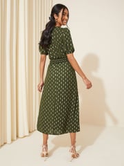 Friends Like These Khaki Green Puff Sleeve Ruched Waist V Neck Midi Dress - Image 4 of 4