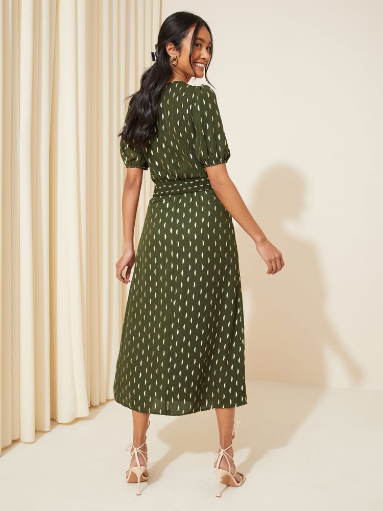 Friends Like These Khaki Green Puff Sleeve Ruched Waist V Neck Midi Dress - Image 4 of 4