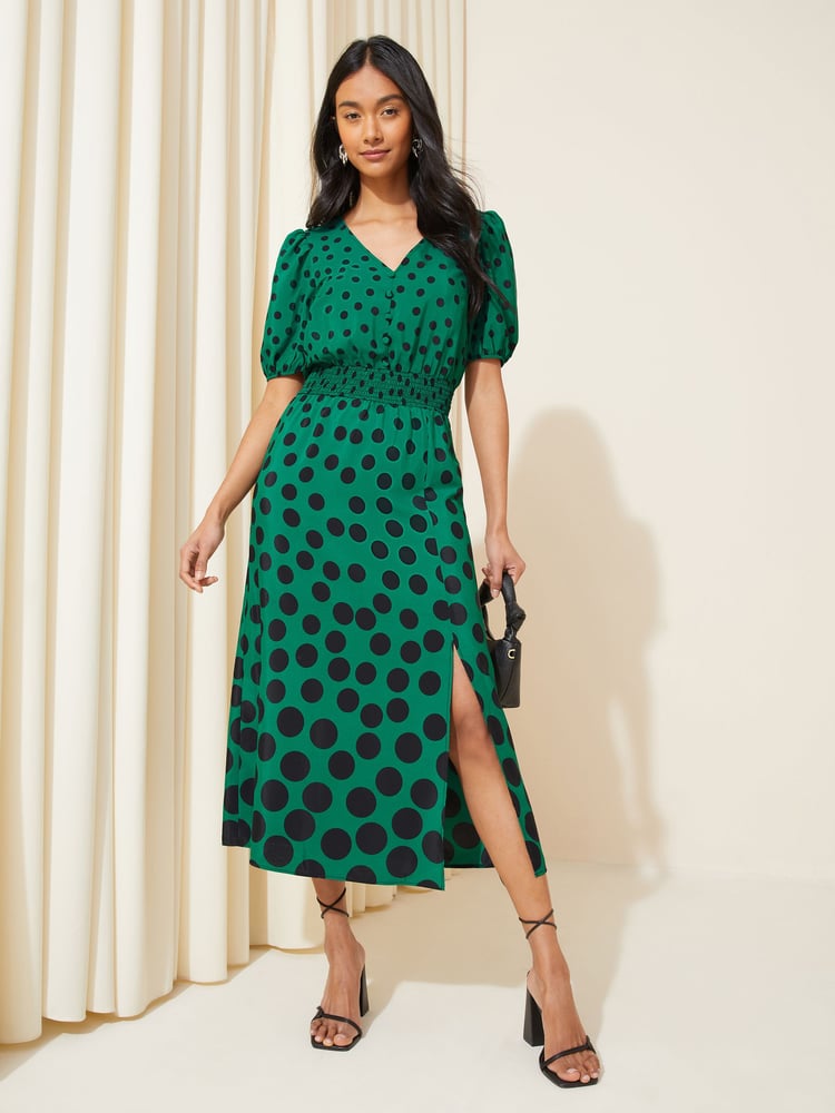 Friends Like These Green Polka Dot Puff Sleeve Ruched Waist V Neck Midi Summer Dress - Image 1 of 4