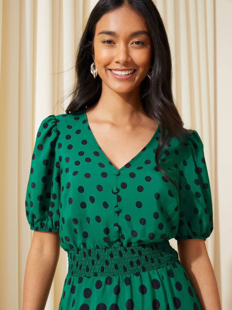 Friends Like These Green Polka Dot Puff Sleeve Ruched Waist V Neck Midi Summer Dress - Image 2 of 4