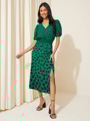 Friends Like These Green Polka Dot Puff Sleeve Ruched Waist V Neck Midi Summer Dress - Image 3 of 4