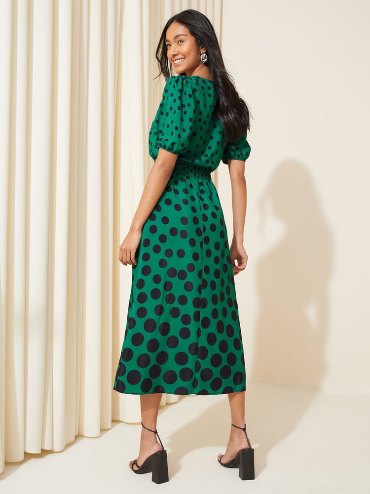 Friends Like These Green Polka Dot Puff Sleeve Ruched Waist V Neck Midi Summer Dress - Image 4 of 4