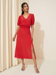 Friends Like These Bright Red Puff Sleeve Ruched Waist V Neck Midi Summer Dress - Image 1 of 4