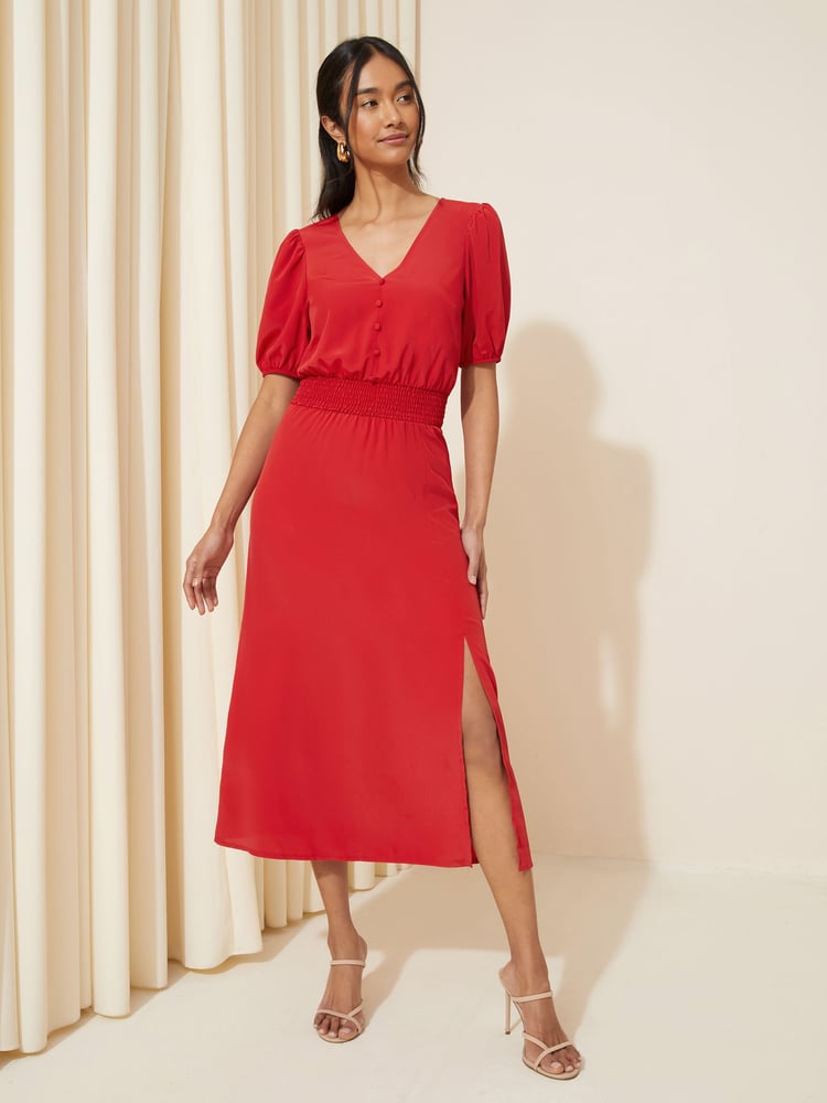 Friends Like These Bright Red Puff Sleeve Ruched Waist V Neck Midi Summer Dress - Image 1 of 4