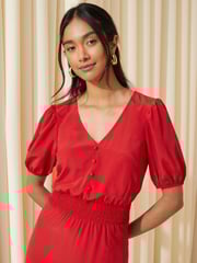 Friends Like These Bright Red Puff Sleeve Ruched Waist V Neck Midi Summer Dress - Image 2 of 4
