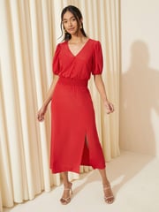 Friends Like These Bright Red Puff Sleeve Ruched Waist V Neck Midi Summer Dress - Image 3 of 4