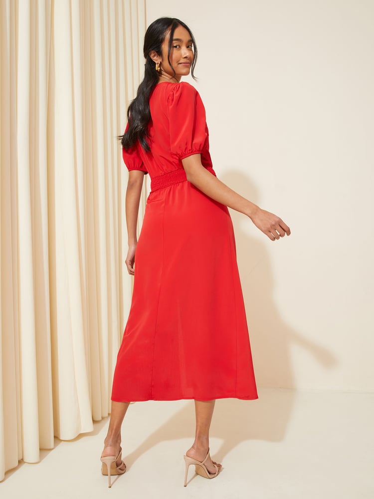 Friends Like These Bright Red Puff Sleeve Ruched Waist V Neck Midi Summer Dress - Image 4 of 4