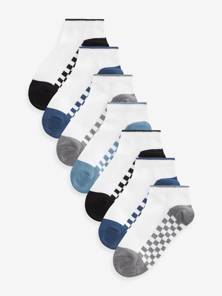 White Checkerboard 7 Pack Cotton Rich Trainer Socks - Image 1 of 8