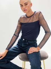 Navy Long Sleeve Mesh Insert Top - Image 1 of 6
