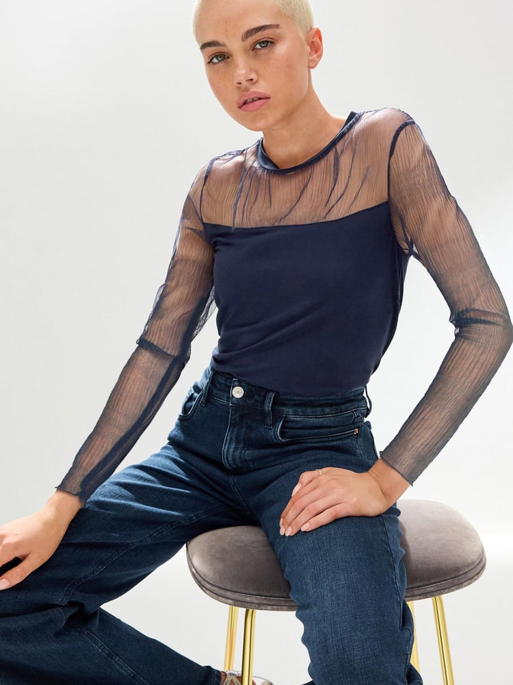 Navy Long Sleeve Mesh Insert Top - Image 1 of 6