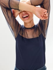Navy Long Sleeve Mesh Insert Top - Image 5 of 6