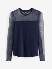 Navy Long Sleeve Mesh Insert Top - Image 6 of 6