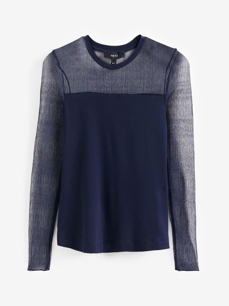 Navy Long Sleeve Mesh Insert Top - Image 6 of 6