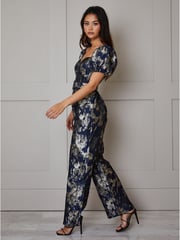 Chi Chi London Blue Puff Sleeve Jacquard Wide Leg Jumpsuit - Image 1 of 3