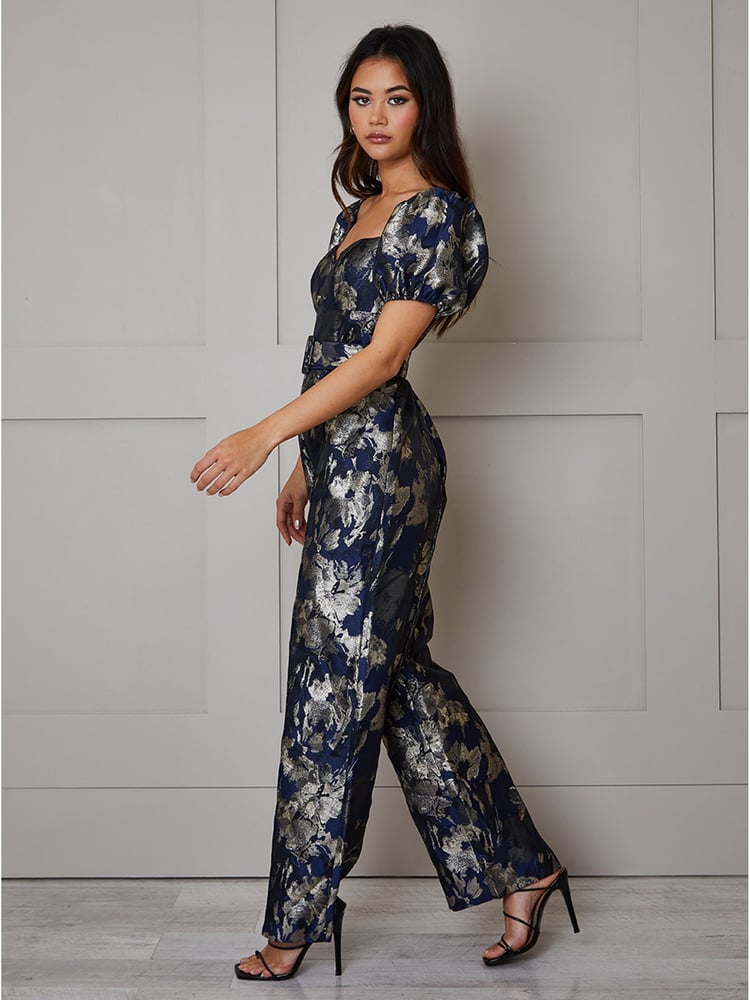 Chi Chi London Blue Puff Sleeve Jacquard Wide Leg Jumpsuit - Image 1 of 3