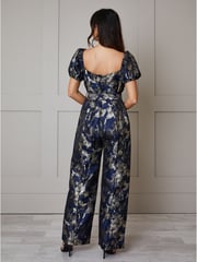 Chi Chi London Blue Puff Sleeve Jacquard Wide Leg Jumpsuit - Image 2 of 3