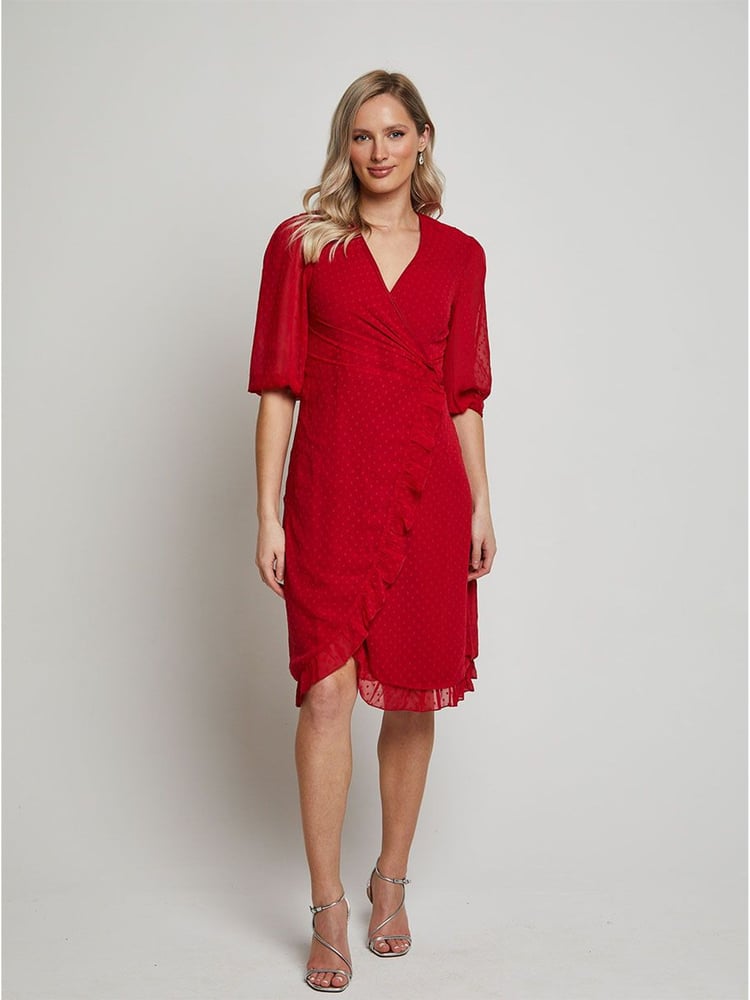 Chi Chi London Red Puff Sleeve Dobby Ruffle Wrap Mini Dress - Image 2 of 4