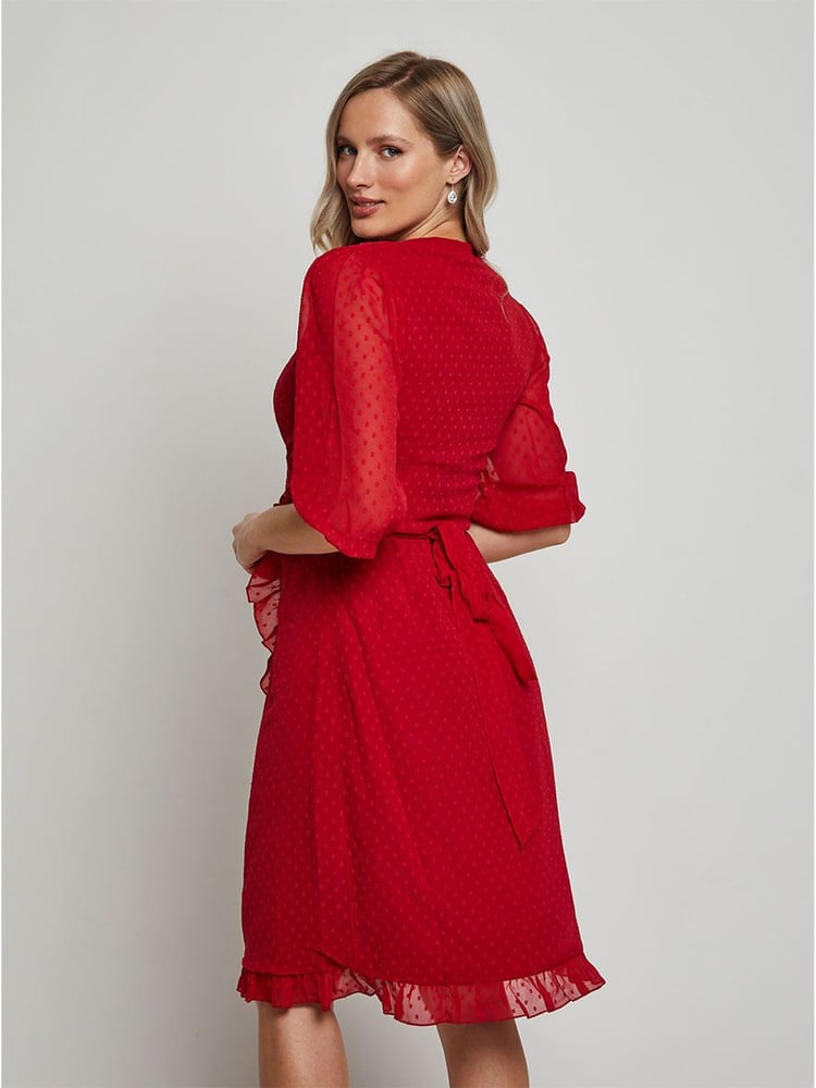 Chi Chi London Red Puff Sleeve Dobby Ruffle Wrap Mini Dress - Image 4 of 4
