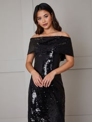Chi Chi London Black Bardot Sequin Bodycon Midi Dress - Image 2 of 4