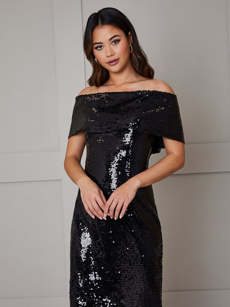 Chi Chi London Black Bardot Sequin Bodycon Midi Dress - Image 2 of 4