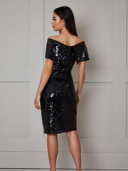 Chi Chi London Black Bardot Sequin Bodycon Midi Dress - Image 4 of 4