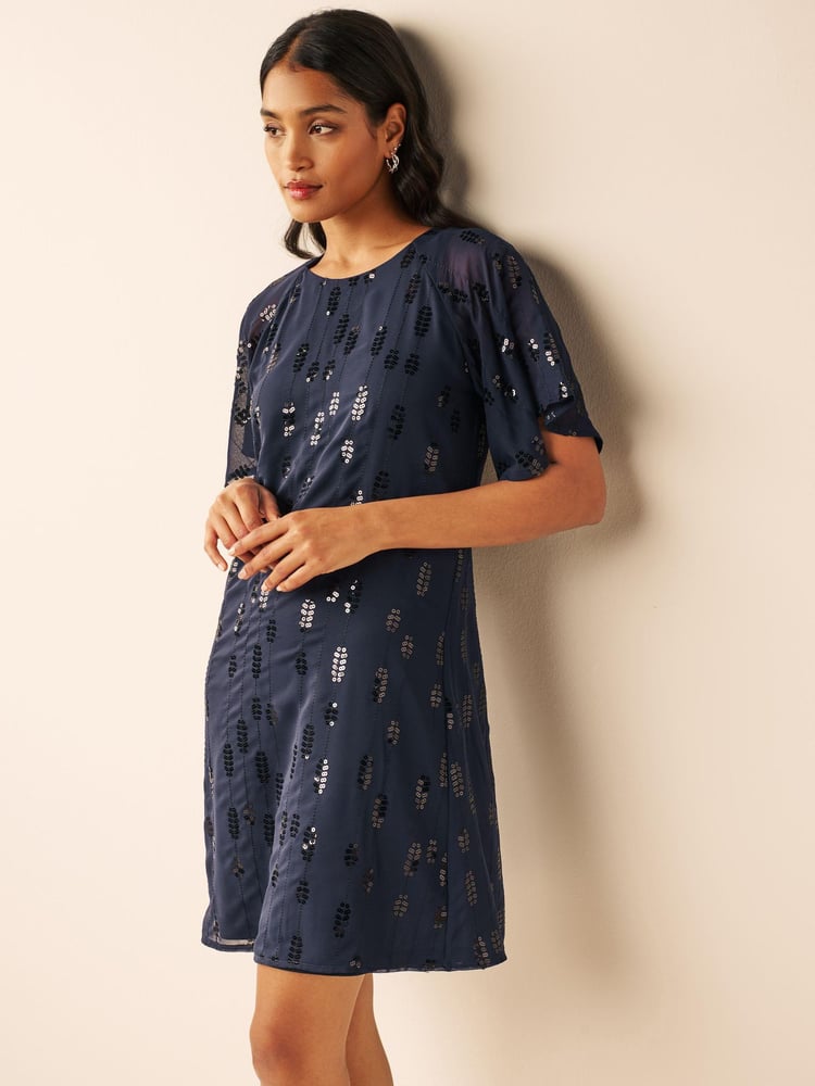 Navy Blue Sequin Embellished Short Sleeve Shift Dress - Image 1 of 6