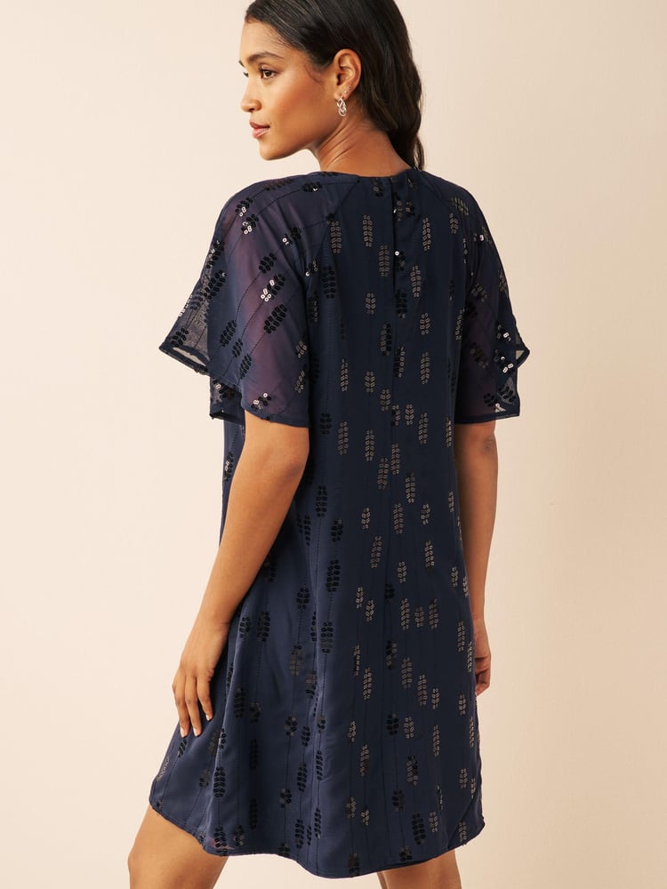 Navy Blue Sequin Embellished Short Sleeve Shift Dress - Image 2 of 6