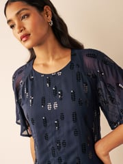 Navy Blue Sequin Embellished Short Sleeve Shift Dress - Image 4 of 6