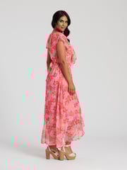 South Beach Pink Chiffon Print Frill Neck Wrap Midi Dress - Image 2 of 4